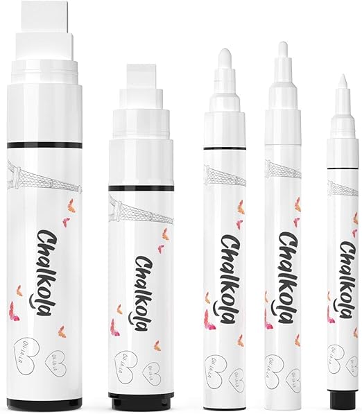 5 White Chalkboard Chalk Pens - White Dry Erase Markers for Blackboard, Chalkboard Signs, Windows, Glass | Variety pack - Fine & Jumbo Size Ink Pens (1mm, 3mm, 6mm, 10mm, 15mm)
