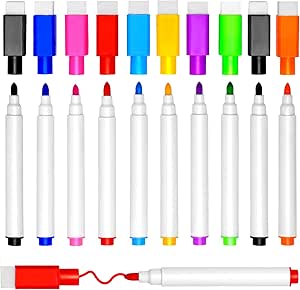 DIYDEC 10 pcs Whiteboard Markers, 9 Color Whiteboard Pens, Fine Tip Magnetic Colour White Board Pen with Eraser Low Odor Dry Erase Ink Markers Erasable for Home, School and Office Uses