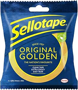 Sellotape Original Golden, Multi-Purpose Clear Tape for Household Objects, Clear Packing Tape for Sticking Envelopes or Cards, Easy to Use & Extra Sticky Packaging Tape, 24mm x 50m