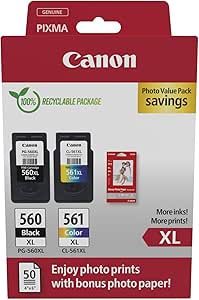 Canon Ink & Paper Multipack - PG-560XL/CL-561XL Genuine Printer Ink Cartridges 2 Pack (1 x Black XL, 1 x Colour XL) & 4x6 Photo Paper (50 x Sheets)