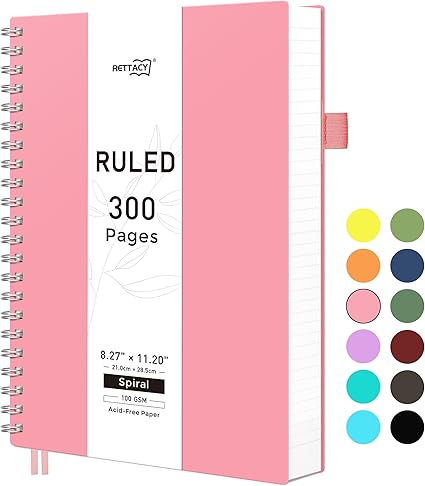 RETTACY A4 Notebook, Notepad, Wirebound Spiral Notebooks 300 pages/150 sheets for Writing,100gsm College-Ruled Paper, Flexible Plastic Cover, for Women Men Work Office School,21.5 x 27.9cm - Pink
