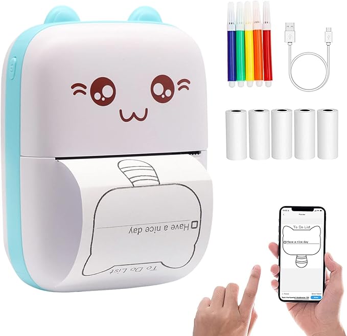 C9 Mini Thermal Printer,Bluetooth Labler Maker,Portable Inkless Printers Compatible with Android and ios,Printable Photos,Lists,Memo,QR Codes,Notes(With 5 Roll Paper+5 Colored Pens)