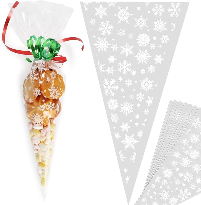 100pcs Christmas Sweet Cones Bags Snowflake Clear Xmas Cellophane Cone Bags with Ribbon Ties Winter Party
