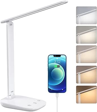 Desk lamp, Eye-Caring LED Desk Lamp with USB Charging Port, 5 Light Modes, 700 Lumen Stepless Dimmable Desk Light with Timer, Memory Function, Daylight Desk Lamp for Home Office Study Reading 5V, 2A [Energy Class F] Brand: BSRANE