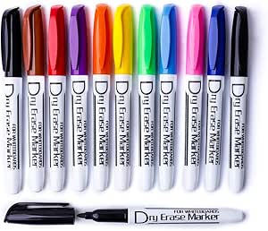 Volcanics Dry Wipe Pens Whiteboard Markers Dry Erase Pens Low Odor Fine TipThin Box of 12, 10 Colours