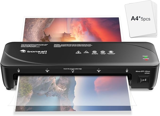 Bonsaii A4 Laminator Machine with Never Jam Technology, Dual Heat Settings, High-Speed Laminating, Max 230mm Width (A4 Size) - Ideal for Home, Office, and School Use,Black (L418-C)