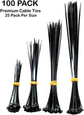 Premium Cable Ties Black - 100 Pack 3.6mm Zip Ties Heavy Duty, Cable Tie, Tie Wraps for Home, Office, Garden, Assorted in Sizes 100mm, 150mm, 200mm, 250mm, (25 Premium Plastic Ties Per Size)