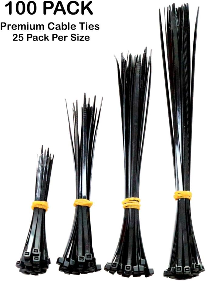 Premium Cable Ties Black - 100 Pack 3.6mm Zip Ties Heavy Duty, Cable Tie, Tie Wraps for Home, Office, Garden, Assorted in Sizes 100mm, 150mm, 200mm, 250mm, (25 Premium Plastic Ties Per Size)