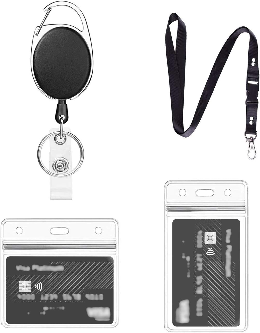 Retractable Lanyard, with Card Holder,1 Set Includes - Lanyard, Reel Clip and Clear Waterproof Id Badge Holders,for id Card Holder,Key Holder Keyring (Black A01)