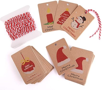 KUUQA 50 Pieces Kraft Paper Christmas Tags for Christmas Wrapping Label with Hanging Rope, 5 Different Design