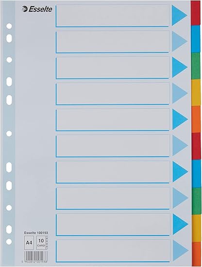 Esselte A4 Card File Dividers. 10 Parts Coloured Folder Dividers with identification front sheet, for Ring Binders and Lever Arch Files. Made from durable, recycled card