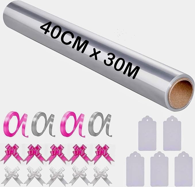 Spurly Clear Wrapping Paper Roll 40cm x 30m Florist Cellophane Roll Packing Wrap, Durable 3 Mil Thickness, Gift Wrap for Hampers, Baskets with 10 Pull Bows, 4 Ribbon Rolls & 5 Gift Tags (Set of 20Pcs)