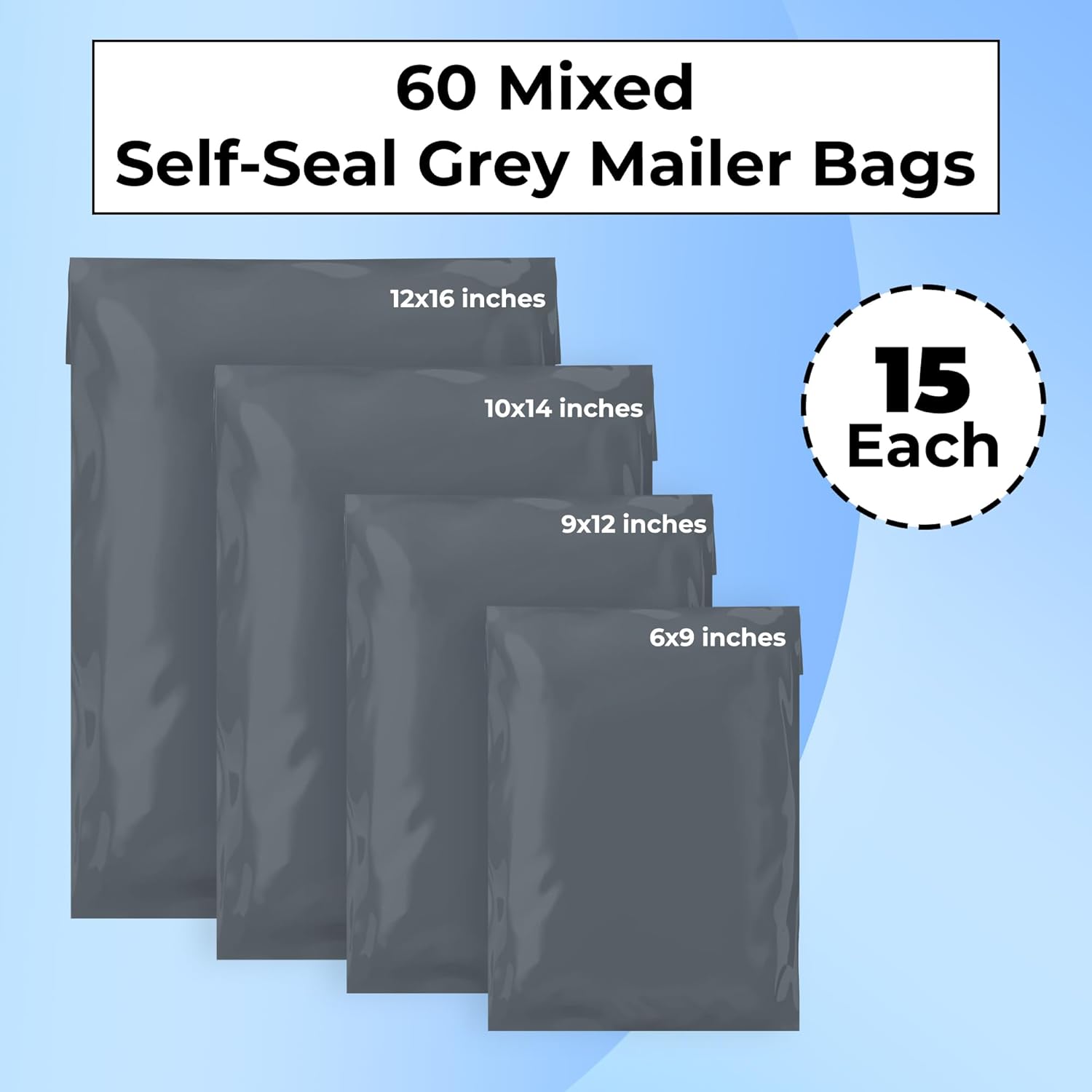 Double Dragon 60 Mixed Size Self-Seal Mailer Bags | Tamper-Proof Plastic Packaging for Mailing, Postage, Shipping & Delivery | Grey (4 Sizes | Small to Large | 15 Each)