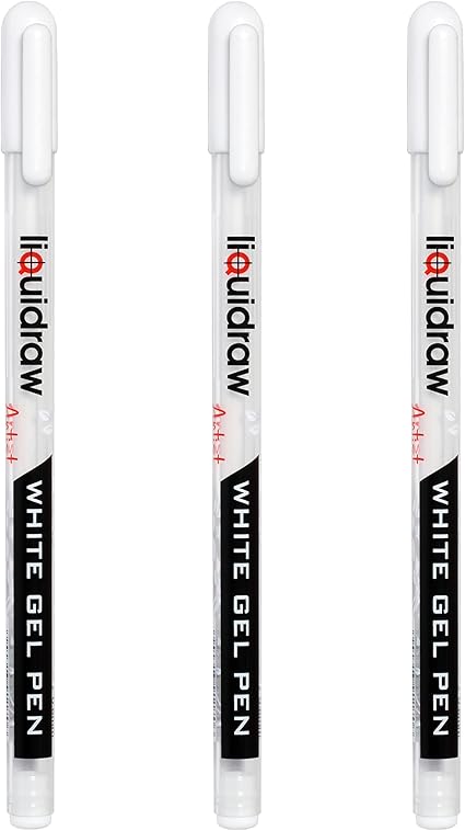 Liquidraw White Gel Pens - Set of 3 | 0.8 mm Fine Point Gel Pen For Artists | Ideal for Highlighting, Coloring, Drawing, Writing & Sketching | Ideal For Writing On Black Paper | Must-Have Art Supplies