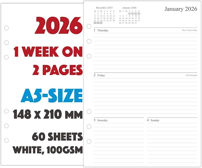 2026 Diary Refill A5 Size, Week on Two Pages, Compatible with Filofax A5 Organiser, 148 x 210mm