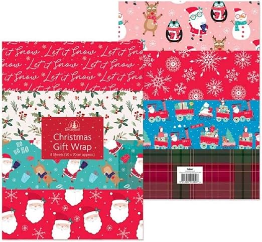 Festive Wonderland 8 Large Sheets of Christmas Wrapping Paper - Assorted Designs - 70x50cm