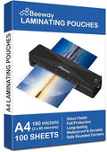 BEEWAY A4 Laminating Pouches - 100 Sheets, 160 Micron (2 x 80 Micron), Glossy Finish - High Quality, Clear, Rounded Corners, Full Protection - Ideal for Photos and Notes