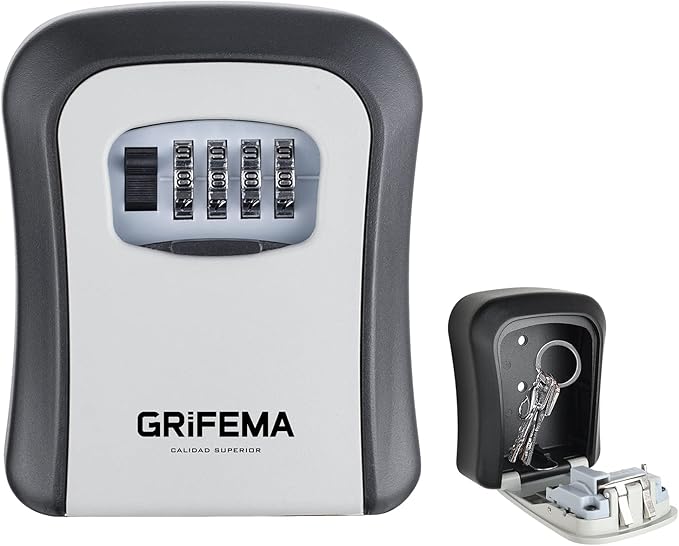 GRIFEMA Key Safe Wall Mounted Police Approved, Lock Box Outdoor 4 Digit Combination, Heavy Duty Waterproof Key Cabinet for Home Garage School Airbnb GA1003-1, Gray, External dimensions: 115x95x40mm