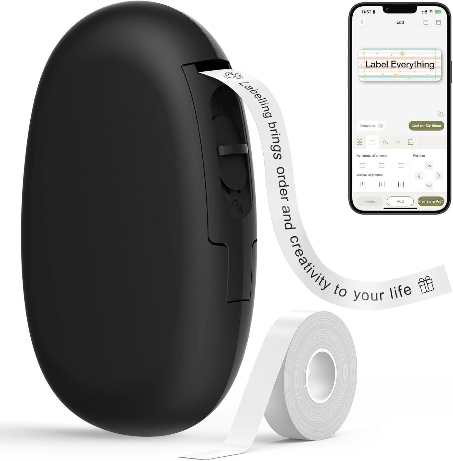 SUPVAN E10 Mini Bluetooth Label Maker Machine with Tape, Continuous Waterproof Label, Versatile App with 40+ Fonts and 600+ Icons, Inkless Labeler for Home, Kitchen, School, Office Organization, Black