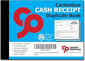 Cherry Printers | Carbonless Cash Receipt Book 2pt A6 | Duplicate NCR Receipt Book | 50 Duplicate Sets | No Carbon Required (NCR) | Perforated Tear Out Receipts | Small Business Receipt Pad
