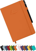 A5 Notebook and Pen - 200 Lined Pages Journal Notepad, 80 GSM, Orange Notebook A5 with Soft PU Cover, Elastic Loop, Pen Holder, Expandable Pocket - Note Book for Writing and Note-Taking
