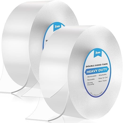 YOGINGO 6M/19.7 FT Double Sided Tape Heavy Duty, 2 Rolls Sticky Carpet Tape, Removable Reusable Traceless Transparent Strong Nano Mounting for Photos Wall, Posters, Kitchen, Party