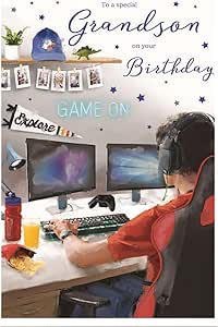 ICG Special Grandson Birthday Card - Computer Gamer with Headphones and Snacks with a Foil Finish