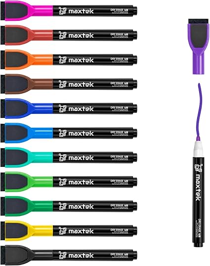 maxtek Magnetic Whiteboard Pens Markers, 12 Colours Fine Tip White Board Markers Erasable with Eraser for Kids, Low Odour Thin Dry Wipe Pens (Pack of 12)