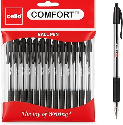 Cello Comfort Ballpoint Pens - Premium Retractable Biro Pens with Ergonomic Grip, Medium Point 1.0mm, Black Ink, Pack of 12 - Ideal for Office, School & Home Writing