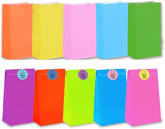 Paper Party Bags, Pack of 20 Colourful Paper Gift Candy Goodie Treat Bags with 20 PCS Stickers for Kids and Adults,Parties, Birthdays,Halloween,Christmas