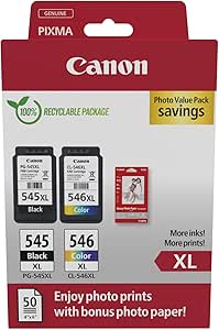 Canon PG-545 XL CL-546 XL VALUE Pack of 2 cartridges (Black XL Colour XL) + 50 sheets of 10x15cm Photo Paper Genuine (Recycled Cardboard Multipack)