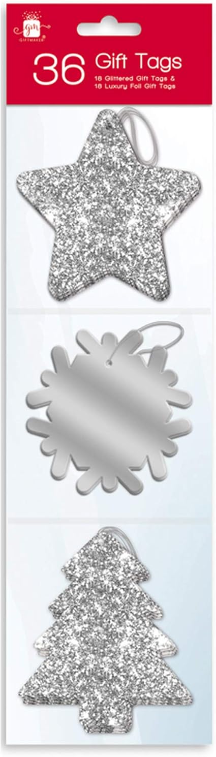36 Silver Glitter and Luxury Foil Xmas Gift Tags With Thread
