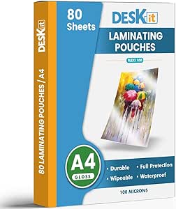 Deskit Laminating Pouches A4, Gloss, 80 Sheets, 100 Microns- Clear and Durable Presentations - Ideal Rigidity for Everyday Use Visit the deskit Store