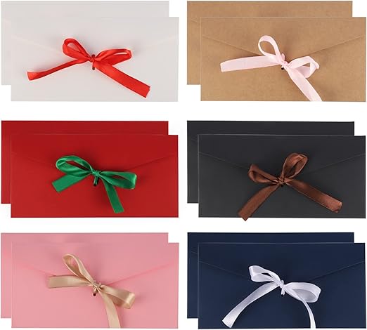 12 Pcs Gift Envelopes(22 * 11CM/6 Colors), Money Envelopes with Ribbons, Money Wallets for Cash Gifts, Vintage Kraft Paper for Christmas, Invitations Greeting, Thanksgiving, Newyear, Valentine's Day