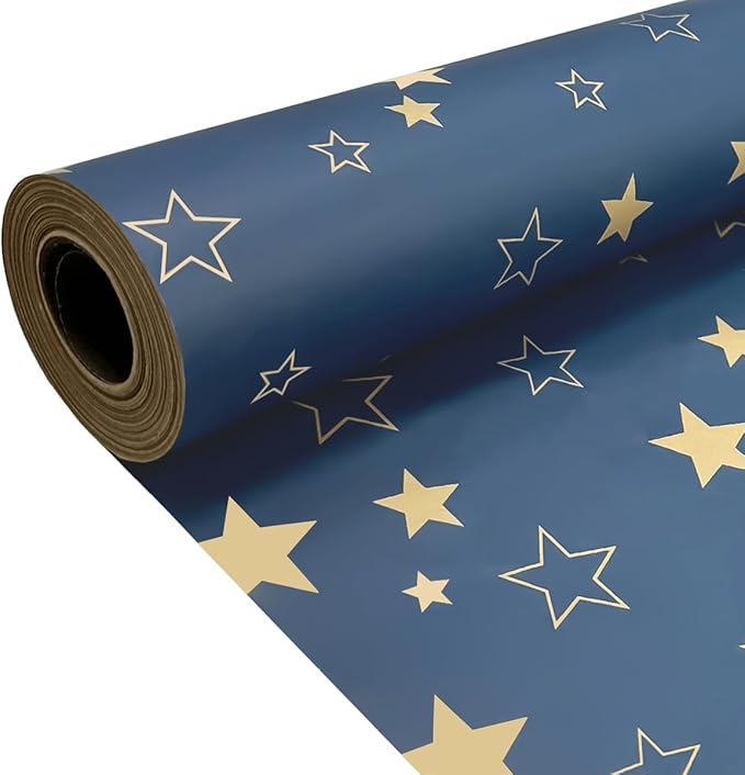 43cm*15M Gift Wrapping Paper Roll, Recyclable Blue Star Kraft Paper for Birthday, Valentine's Day, Wedding, Mother's Day, Christmas Party Decoration