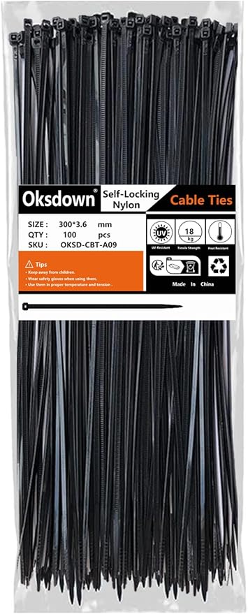 100 Pack Black Plastic Cable Ties 300mm×3.6mm Heavy Duty Strong Nylon Premium Self Locking 12 inch/30 cm Long Zip Tie Wraps