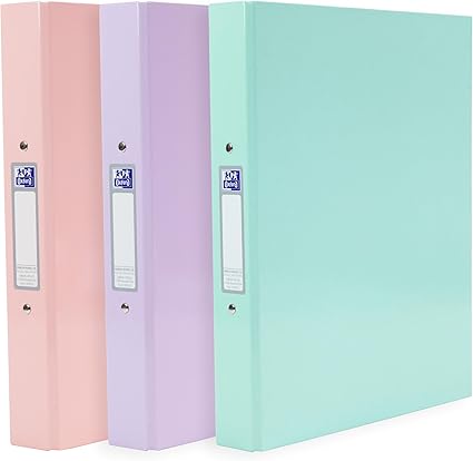 Oxford A4 Ring Binders, 3 Pack of Glossy Pastel Folders, Laminated Paper-on-Board, 40 mm Spine, Pink, Lilac & Mint