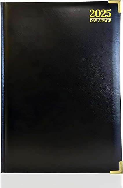 G4GADGET Luxury 2025 A4 Black Day A Page Diary Padded Front & Hardback Cover Gilt Edges