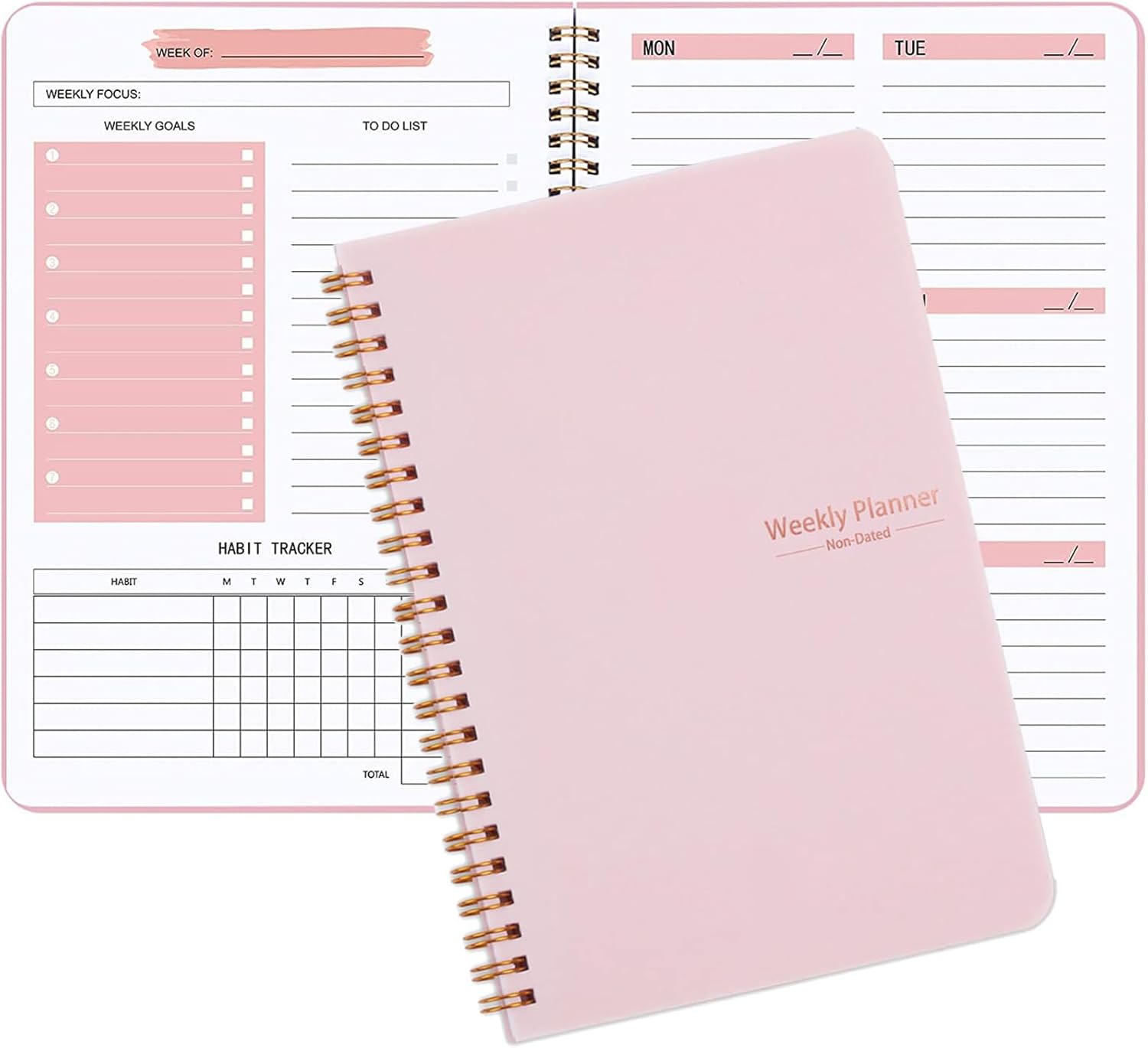 Weekly Planner Notebook, Undated A5 Daily To Do List Diary,Weekly Goals Planner with Habit Tracker 52 Weeks Planning for College Work Adhd Planner(Pink)