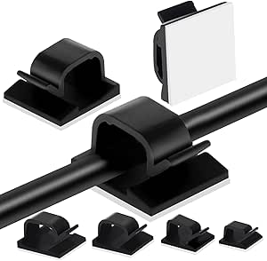Adhesive Cable Management Clips, 60pcs Adhesive Cable Clips Wire Clips, Plastic Cable Organisers Sticky Wire Clips Wire Cord Holder, 4 Sizes (BLACK)