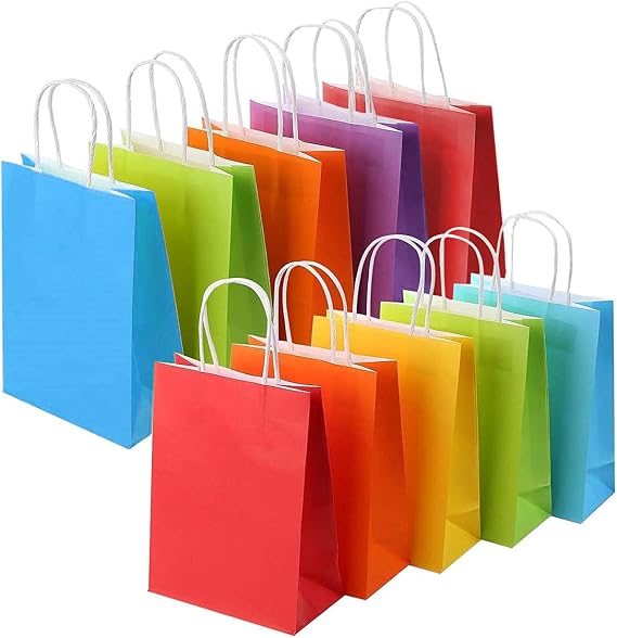 Party Bags, 10 Pcs Paper Gift Bags with Handles,6 Colors Childrens Kraft Paper Party Bags for Kids Party,Birthday,Coloured Paper Bags Supplies -16×8×22 cm (10 PACK Rainbow)