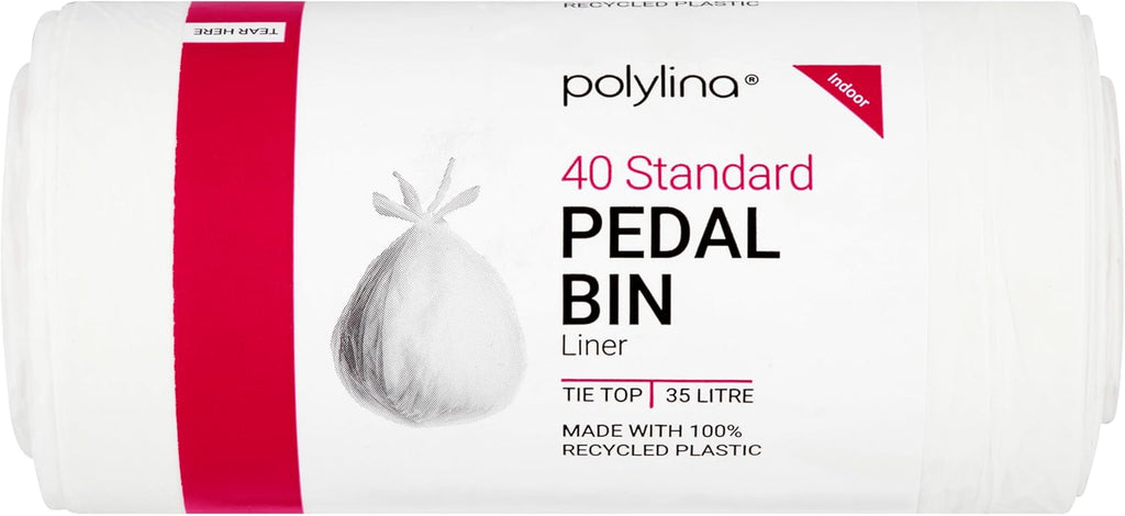 Pedal Bin Liners, 35L, 40-Pack Tie-Top White Bin Bags, Recycled Plastic