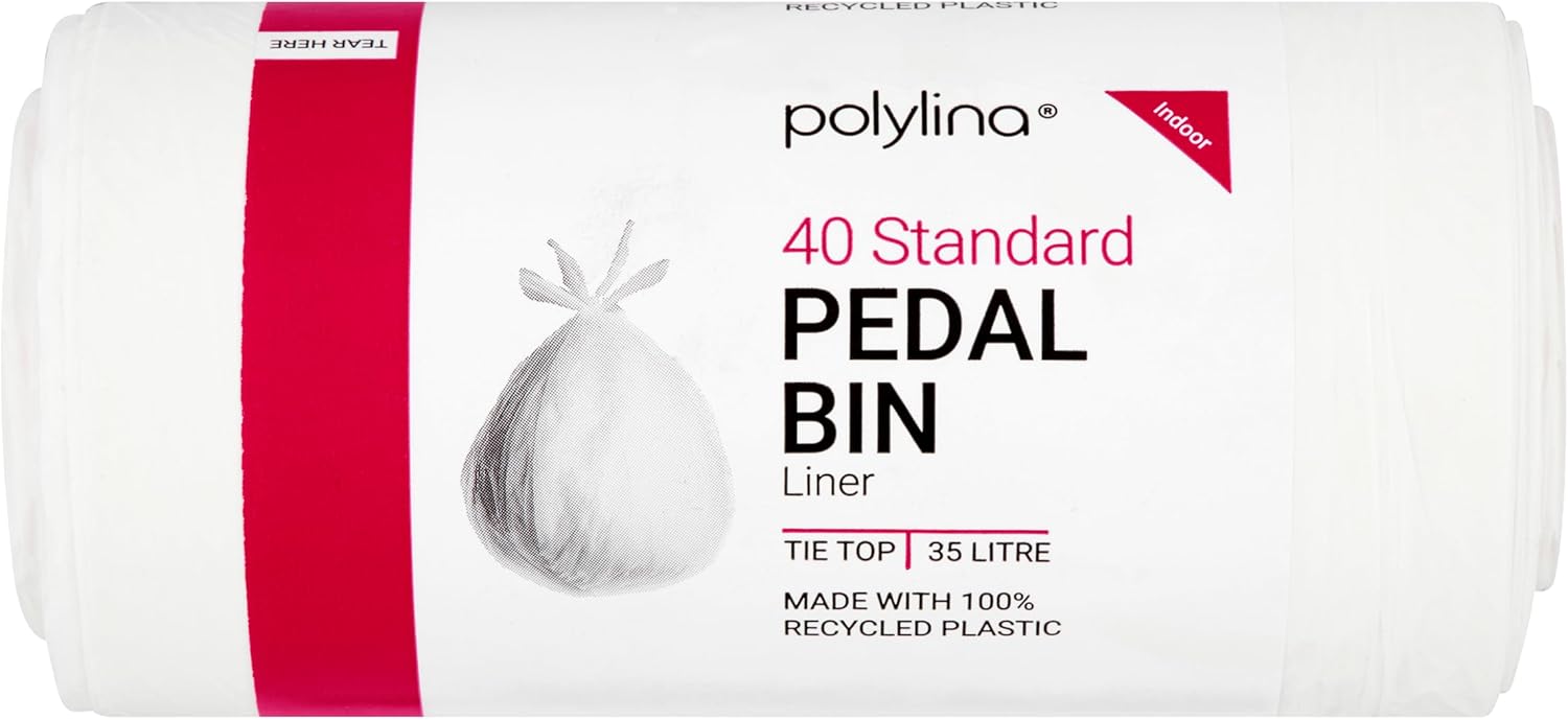 Pedal Bin Liners, 35L, 40-Pack Tie-Top White Bin Bags, Recycled Plastic