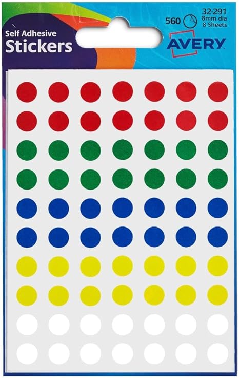 Avery Hand writable, Easy to use, Dot Stickers, 8mm, Multi Coloured, 70 Stickers per Sheet, 560 per Pack (32-291)