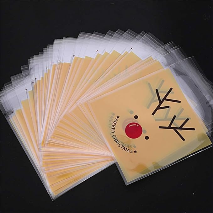 100PCS Christmas Sweet Cookie Bags Reindeer Food Dust Bags, Christmas Cellophane Candy Party Bag, Xmas Self Adhesive Elk Print Food Gift Bag for Xmas Party Supplies Decoration