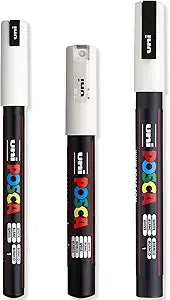 Posca - Ultra Fine to Fine Paint Marker Pens Set - PC-1MR, PC-1M, PC-3M - White Ink - Pack of 3