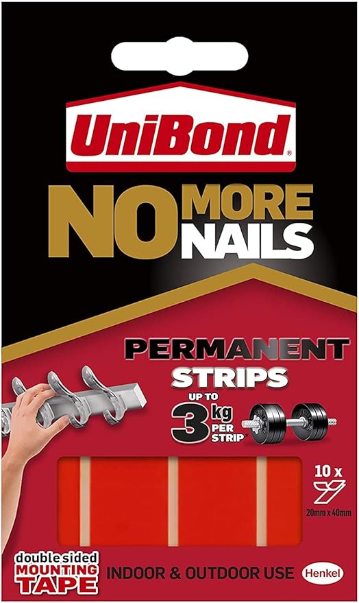 Unibond No More Nails Permanent Strips, Adhesive Strips for Fast & Easy Mounting, Double Sided Sticky Tape for Interior & Exterior Use, Waterproof Tape, Pack of 10