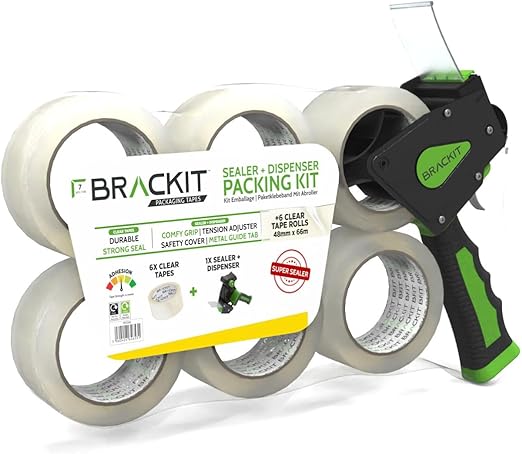Bracket Tape Gun, Pack of 6 Clear Rolls 48mm x 66m Strong Heavy Duty Packing Tape for Regular Use or Moving – Easily Seals your Parcels and Boxes