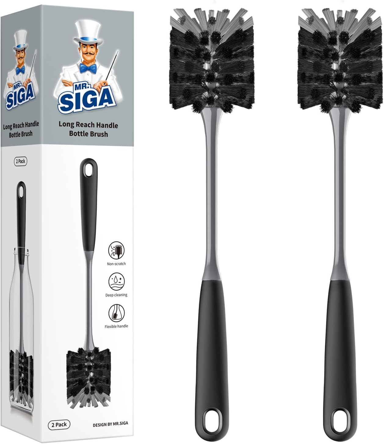 MR.SIGA Long Handle Bottle Brush, Cleaning Brush for Water Bottle, Glassware, 2 Pack