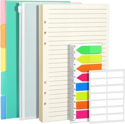 FANDAMEI A5 Refills - Lined Paper Set with PP Binder Divider, Neon Index Flag & Zipper Pocket, Paper Inserts with Subject Divider, Planner Inserts